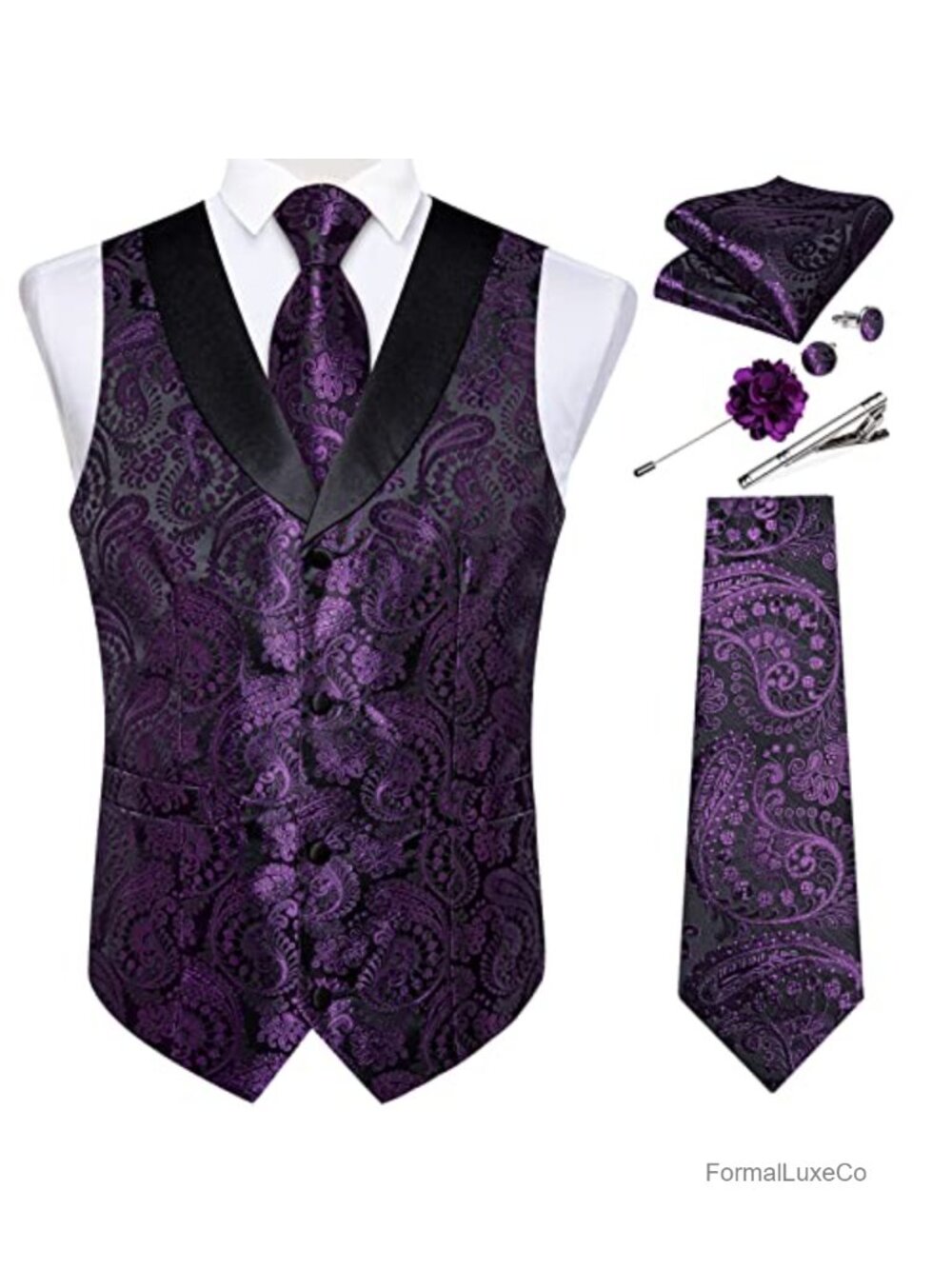 Mens Paisley Suit Vest Silk Jacquard Waistcoat Necktie Set Formal Shawl Collar